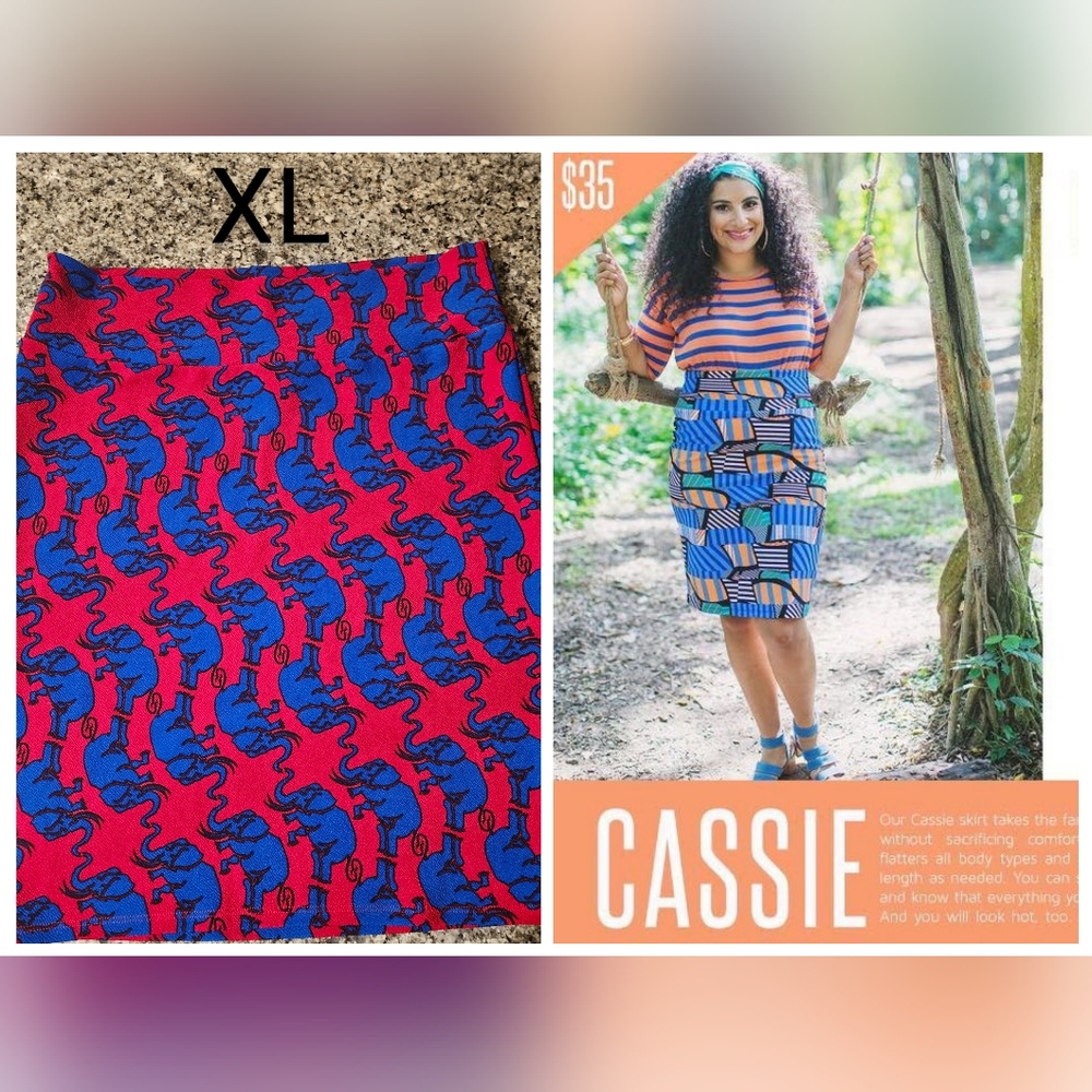 LulaRoe Cassie Skirt Red/Blue Elephants Size XL